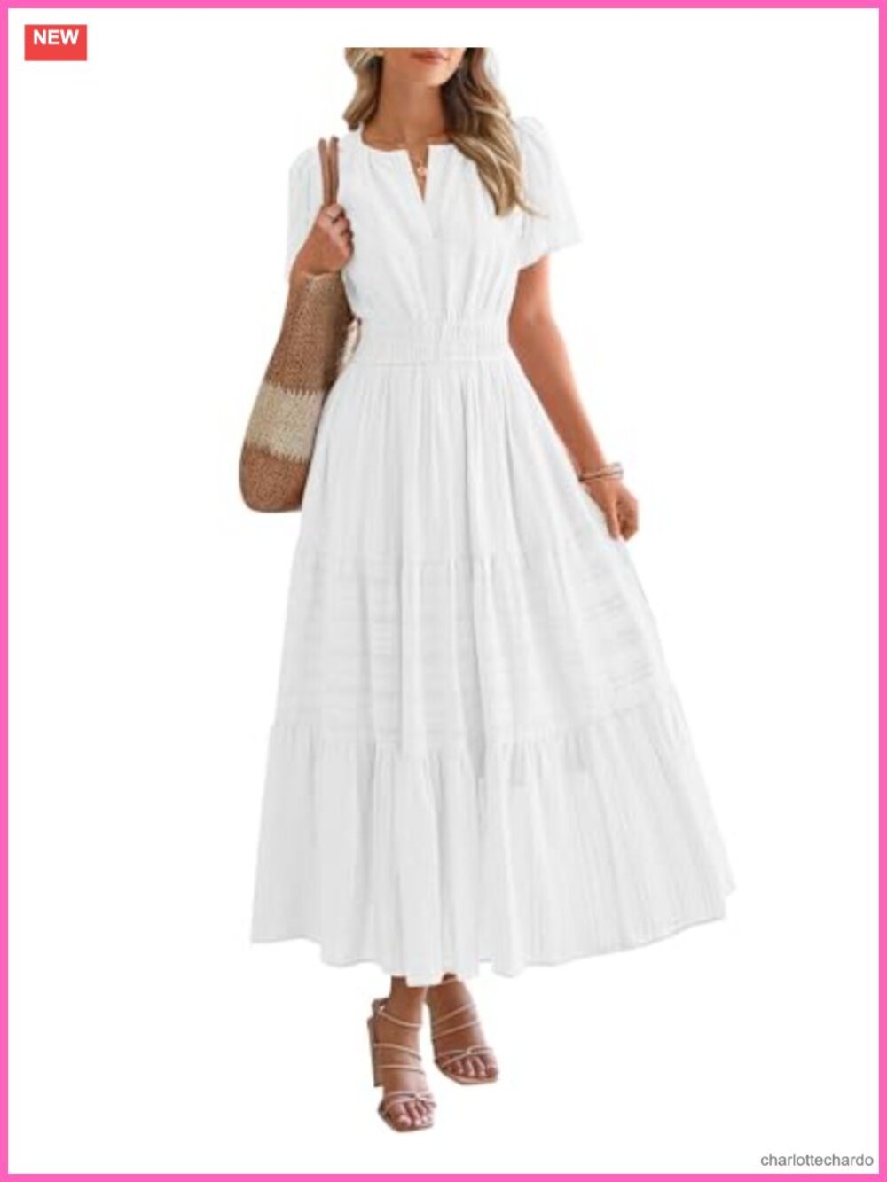 Women's Lightweight V Neck Short Sleeve Tiered Ruffle Maxi Dress with Pockets